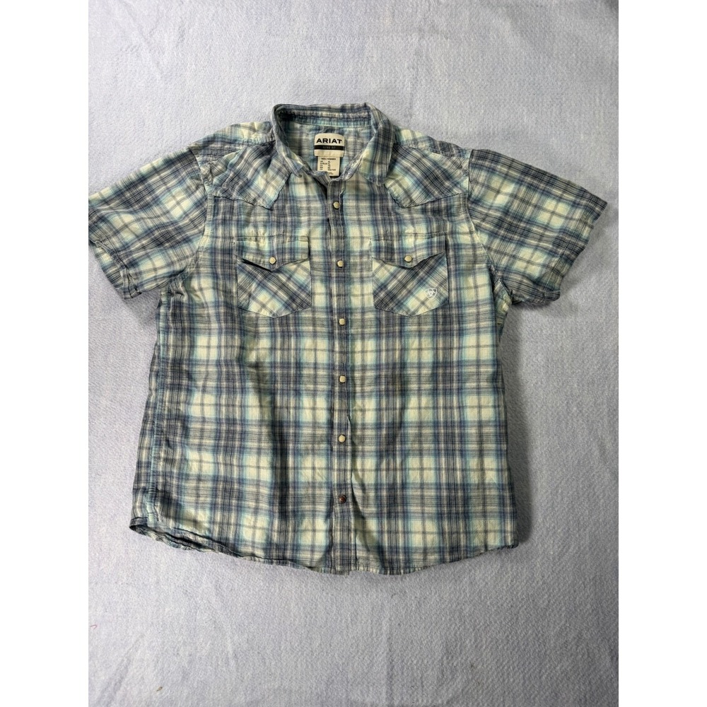 Ariat Retro Fit Mens XL Blue Plaid Short Sleeve Western Pearl Snap Shirt